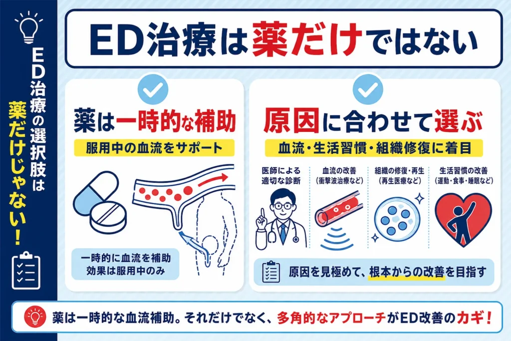 ED治療で薬は一時的な補助であり、原因に合わせて根本改善を目指すことを図解