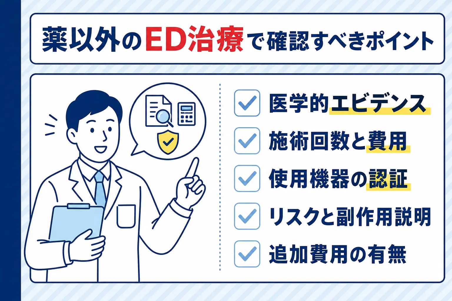 薬以外のED治療を選ぶ際には、エビデンスや費用、使用機器などについて確認すべきことを説明