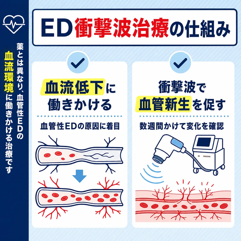 ED衝撃波治療が血流低下や血管新生に働きかける仕組みを示した