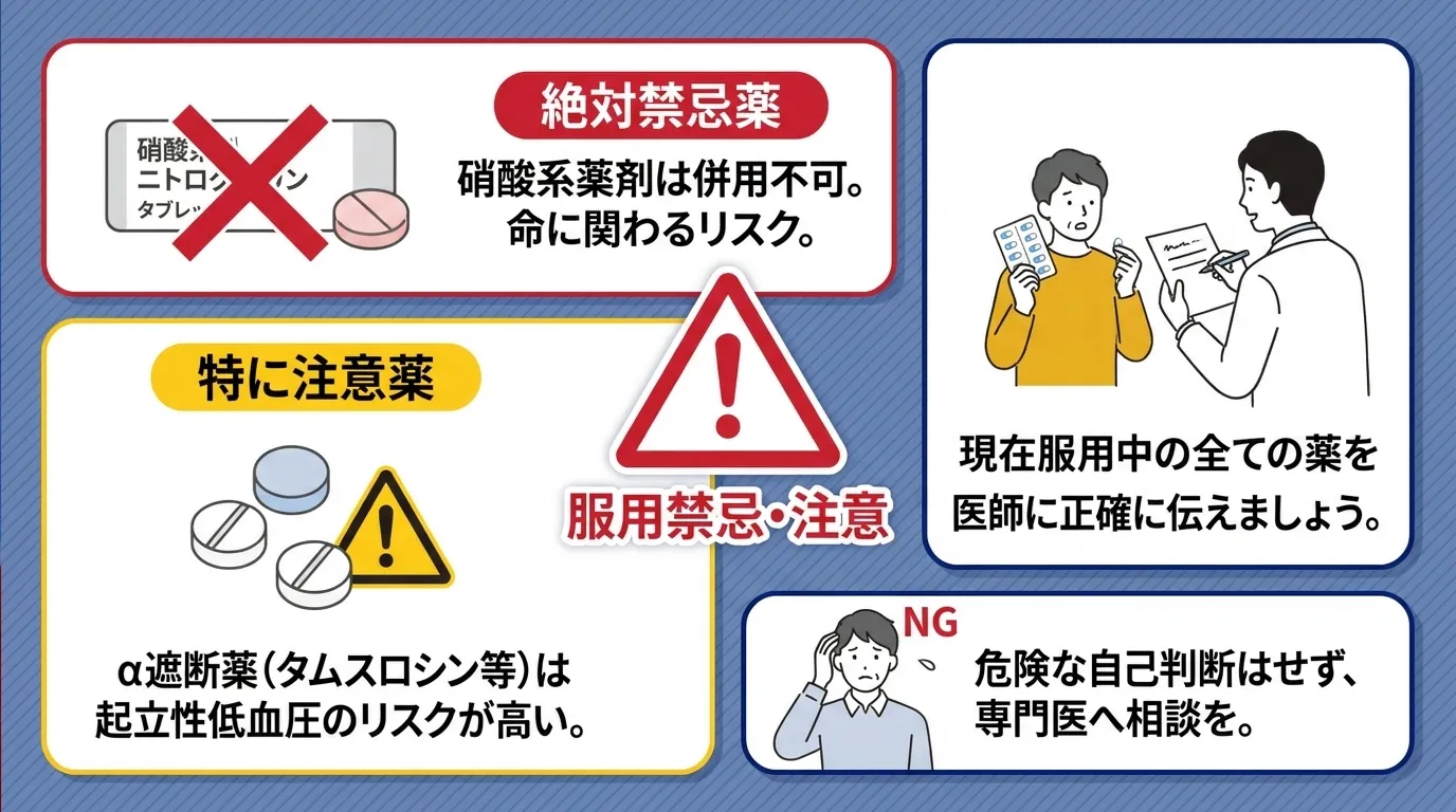 高血圧でバイアグラを使う場合、硝酸薬、α遮断薬は危険性が高いことを説明