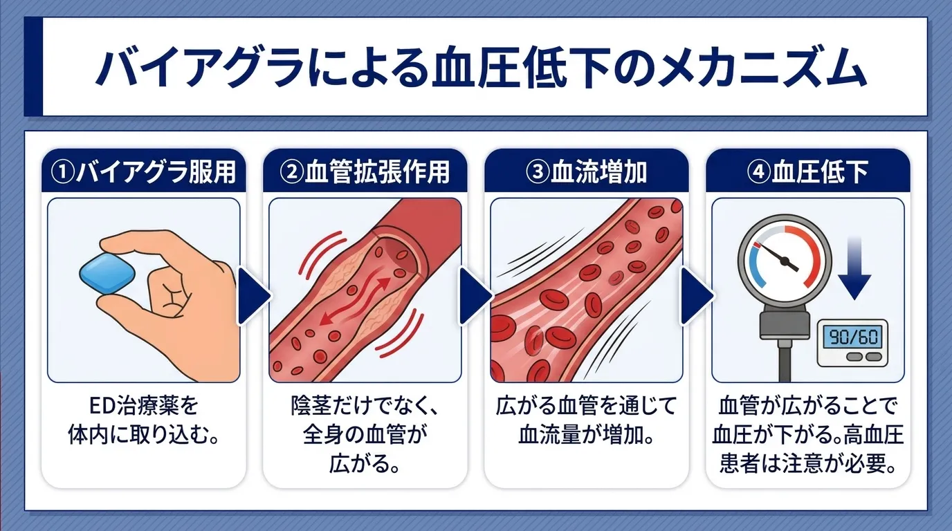バイアグラを服用すると血管拡張作用により血流が増加して血圧低下するメカニズムを説明