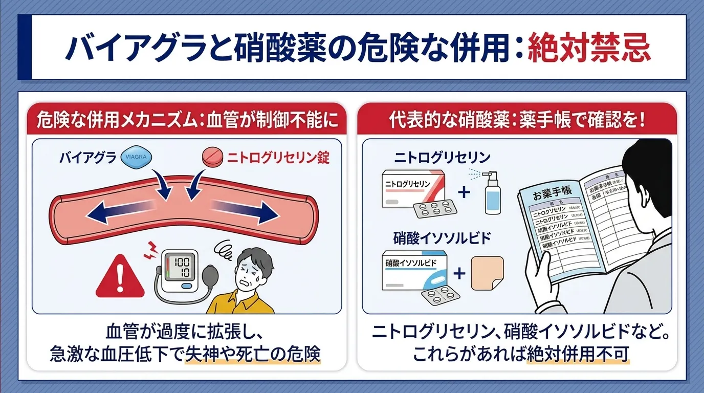 バイアグラと併用できない薬の種類と危険性について説明。硝酸薬との併用が危険を伴うメカニズムと薬手帳で確認することを解説。