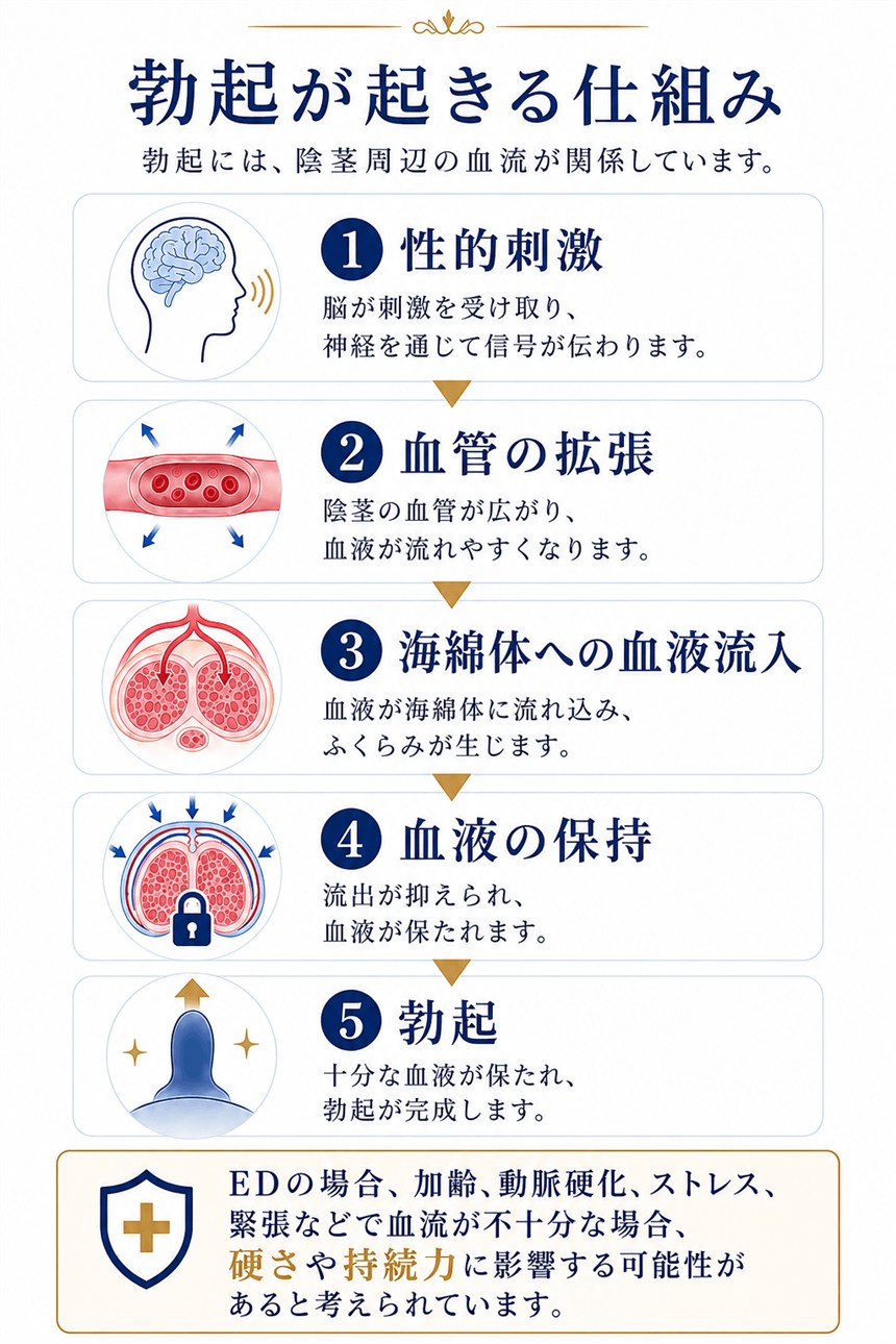 勃起が起きる仕組み。勃起には陰茎周辺の血流が関係しています。1.性的刺激:脳が刺激を受け取り、神経を通じて信号が伝わります。2.血管の拡張:陰茎の血管が広がり、血液が流れやすくなります。3.海綿体への血液流入:血液が海綿体に流れ込み、ふくらみが生じます。4.血液の保持:流出が抑えられ、血液が保たれます。5.勃起:十分な血液が保たれ、勃起が完成します。EDの場合、加齢、動脈硬化、ストレス、緊張などで血流が不十分な場合、硬さや持続力に影響する可能性があると考えられています。