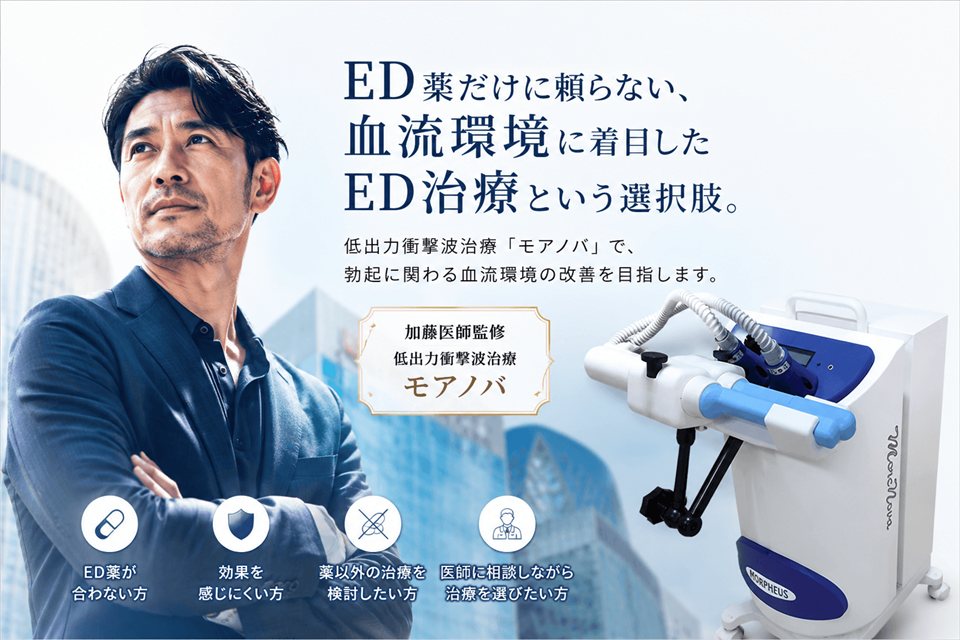 ED薬だけに頼らない、血流環境に着目したED治療という選択肢。低出力衝撃波治療モアノヴァ、加藤医師監修。ED薬が合わない方、効果を感じにくい方、薬以外の治療を検討したい方、医師に相談しながら選びたい方へ。