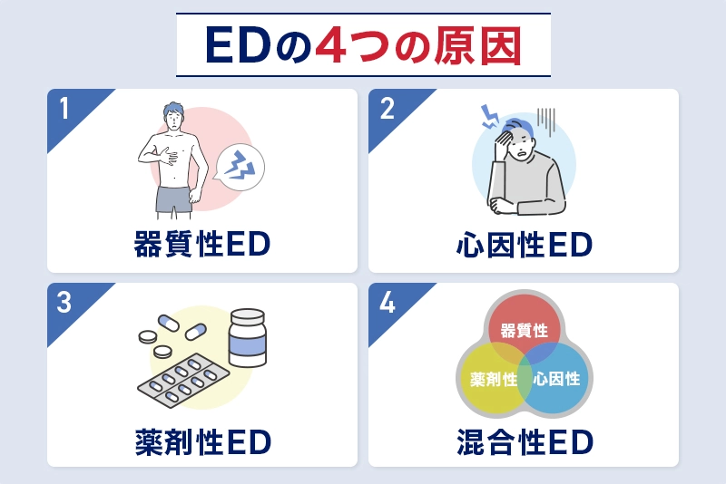 EDの原因は器質性ED、心因性ED、薬剤性ED、混合性EDの4つ