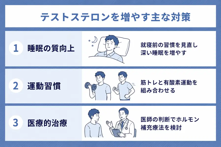 テストステロンを増やす主な対策
